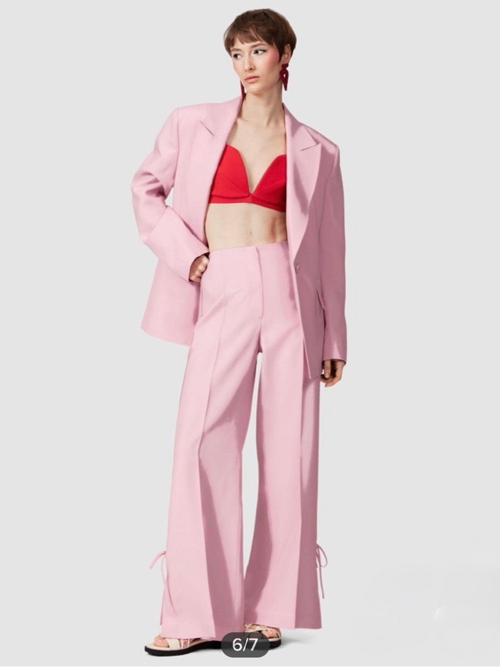 & Other Stories Bow Detailed Press Crease Pink Light Wide-Leg High-Rise Trousers